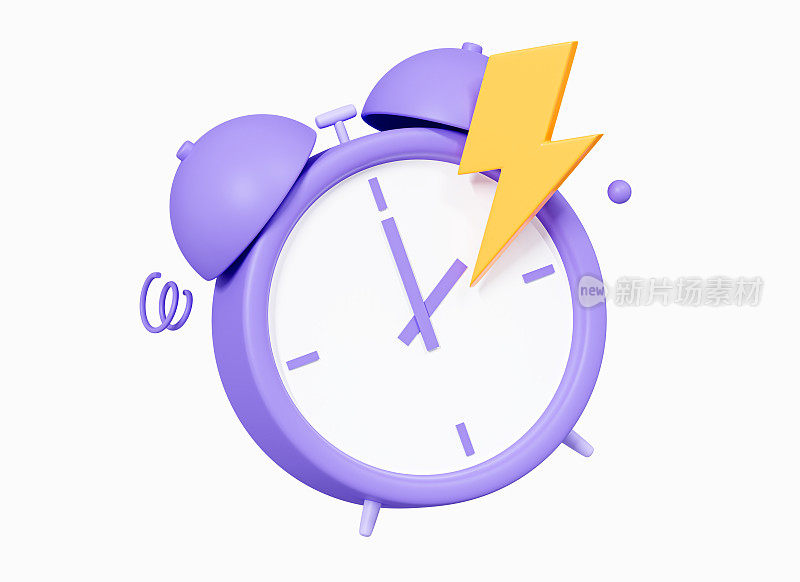 3D Alarm clock with lightning. Fast delivery concept. Limited sale for online shopping. Quick time. Wake up. Purple and yellow. Cartoon creative design icon isolated on white background. 3D Rendering